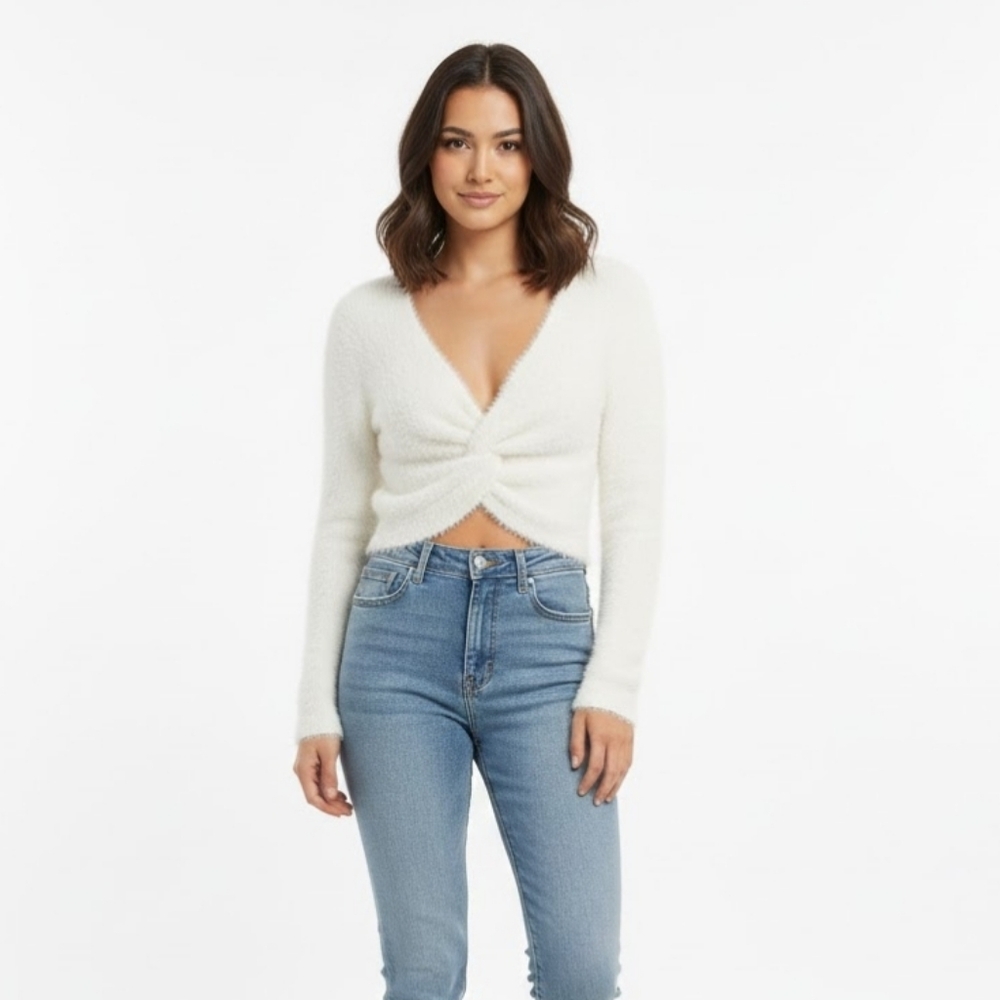 AERIE Women's Ivory White Twist-Front Sweater Soft Stretchy Fuzzy Sweater Medium